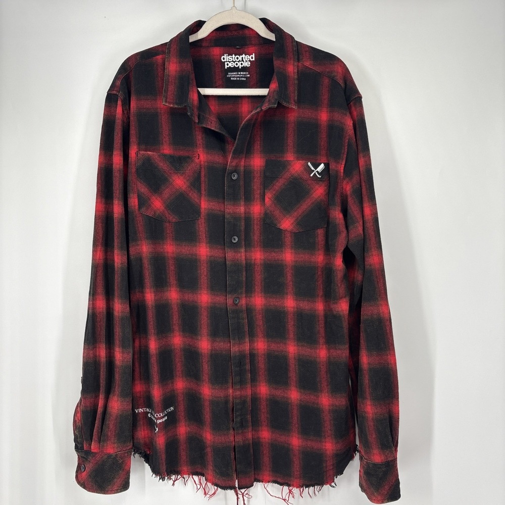 Distorted People Flannel Shirt Mens XL Red Plaid‎ Pockets Distressed